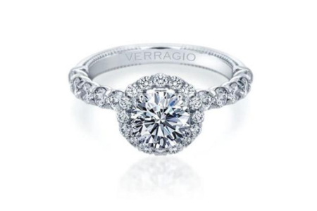 A spectacular white gold Verragio engagement ring, available at Albert’s Diamond Jewelers.