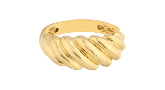 a yellow gold sculpted fashion ring with a ribbed design