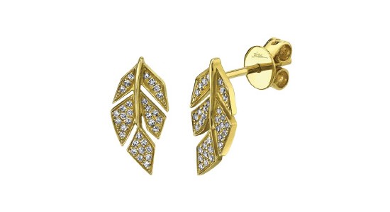 a pair of yellow gold leaf motif stud earrings with diamond accents