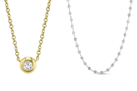 Two delicate necklaces featuring round cut diamonds, available at Albert’s Diamond Jewelers.