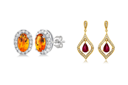 Two pairs of earrings featuring autumn-toned gems, available at Albert’s Diamond Jewelers.