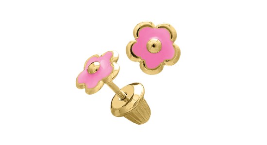 A pair of floral stud earrings with pink enamel and yellow gold, available at Albert’s Diamond Jewelers.