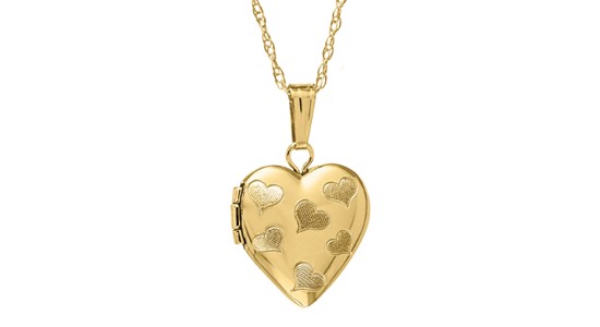 A yellow gold heart-shaped locket necklace with engraved hearts, available at Albert’s Diamond Jewelers.