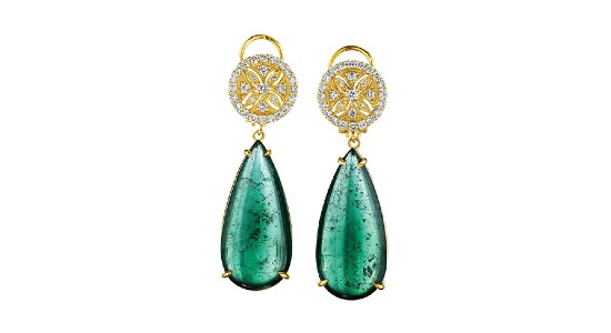 a pair of yellow gold and diamond drop earrings featuring large green tourmalines