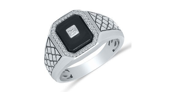 a white gold men’s signet ring featuring black onyx and diamonds