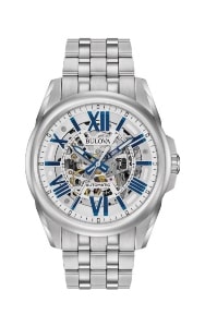 A watch with a skeleton dial and blue accents from Bulova.