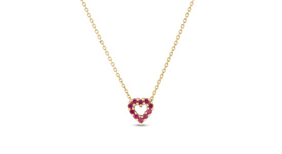 a yellow gold heart pendant necklace with ruby accents