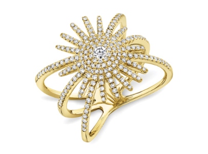 An ornate sunburst fashion ring, available at Albert’s Diamond Jewelers.