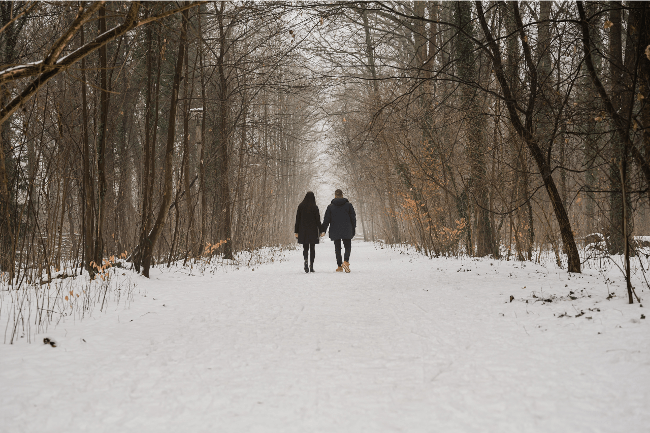 A couple walking hand in hand through the snowy woods