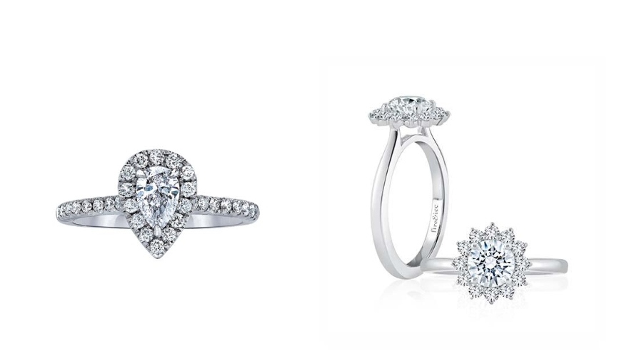 Love Stone pear shaped halo ring on the left, and a Fire and Ice halo ring on the right