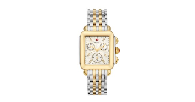 Yellow gold and silver Michele watch with a squared case