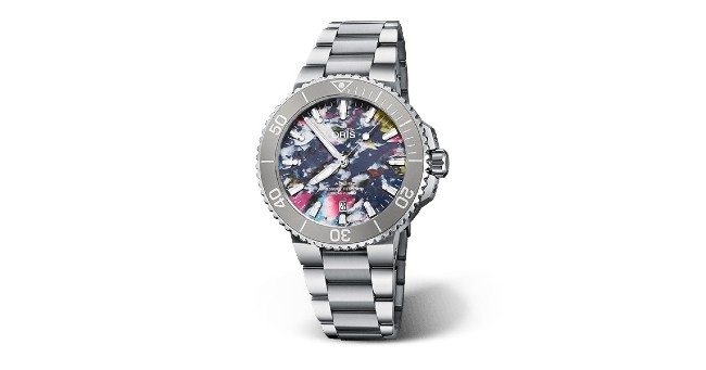 Silver Oris watch with a colorful dial