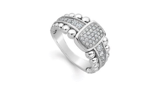 A silver fashion ring with diamond details and silver spheres
