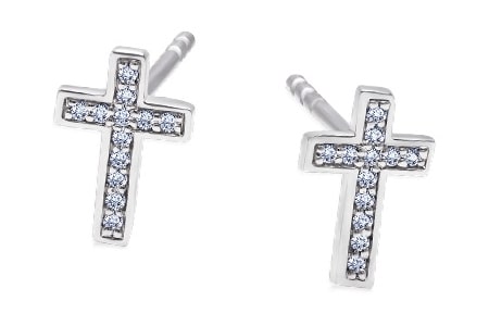 A pair of stud earrings features a diamond-encrusted cross.