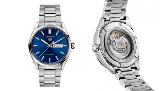 Two side-by-side images of the same silver and blue Carrera watch by TAG Heuer.