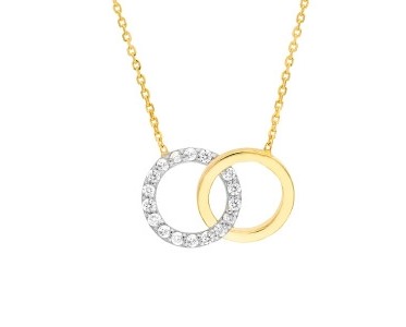 Two-tone, double-circle white and yellow gold diamond necklace