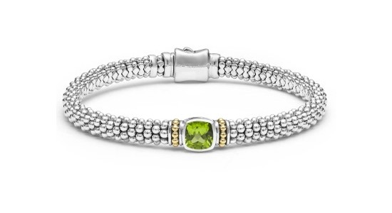 A silver, textured bracelet from Lagos featuring a peridot gem