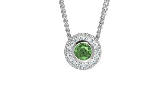 A silver, halo, pendant necklace featuring a peridot at its center