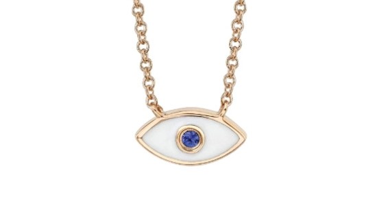 a rose gold pendant necklace featuring an evil eye motif with a blue sapphire at its center