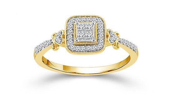 a yellow gold engagement ring with a princess center stone, diamond halo, and heart motif details