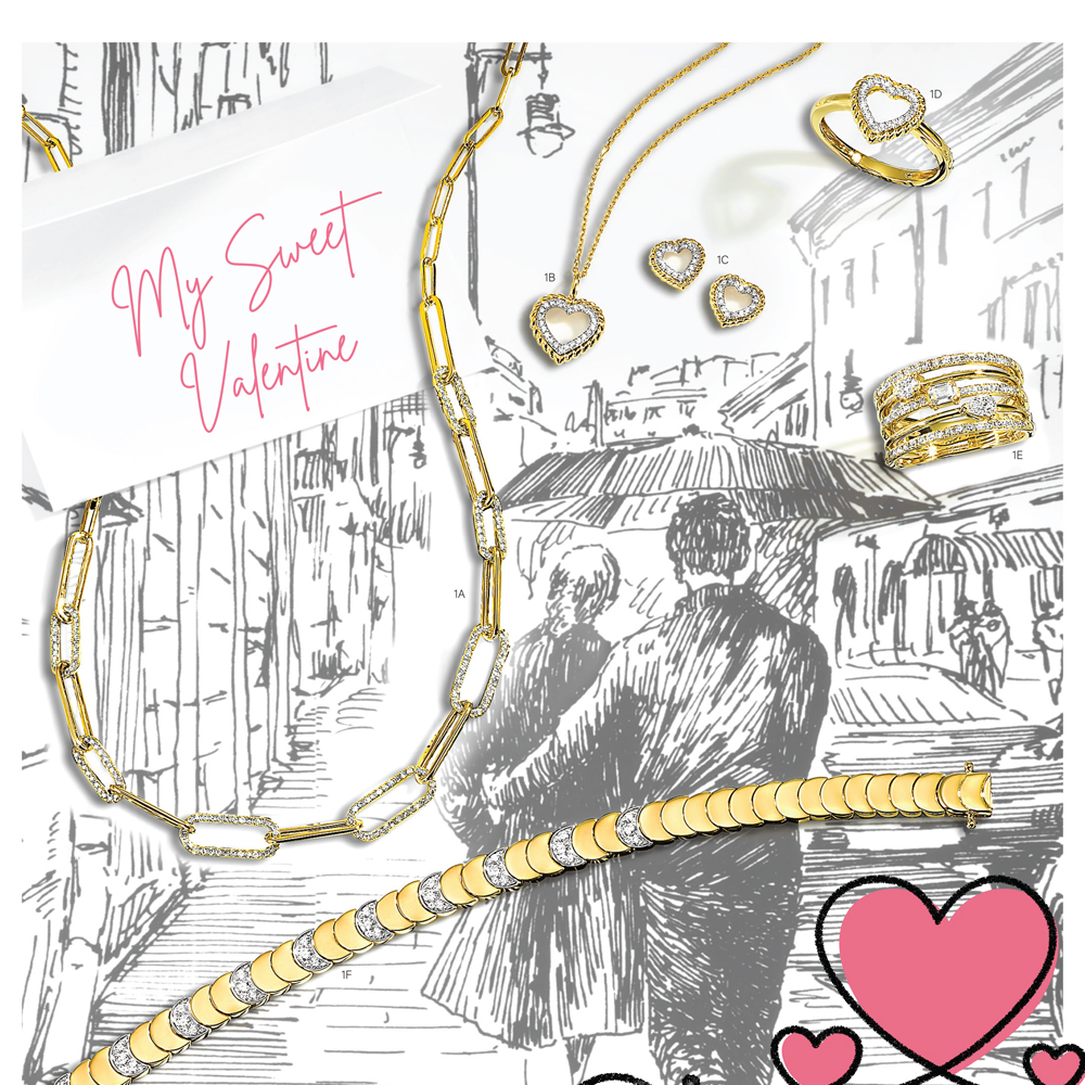 cover of Albert's gift guide with jewelry and a portrait of a man and woman walking down the street